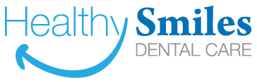 The image is a logo for  Healthy Smiles Dental Care,  featuring a stylized smile with teeth and gums.