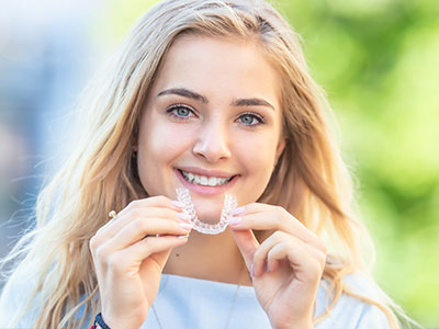 Smiling woman holding a clear dental retainer, showcasing a bright smile and clear teeth.