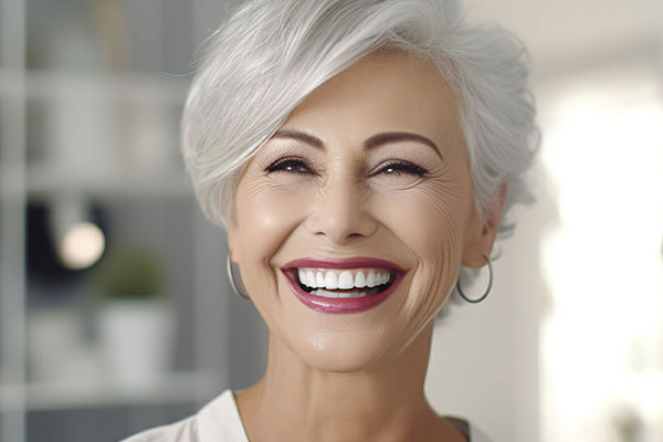 The image shows a smiling woman with gray hair, wearing a white top and black earrings. She has a radiant smile and appears to be in a cheerful mood.